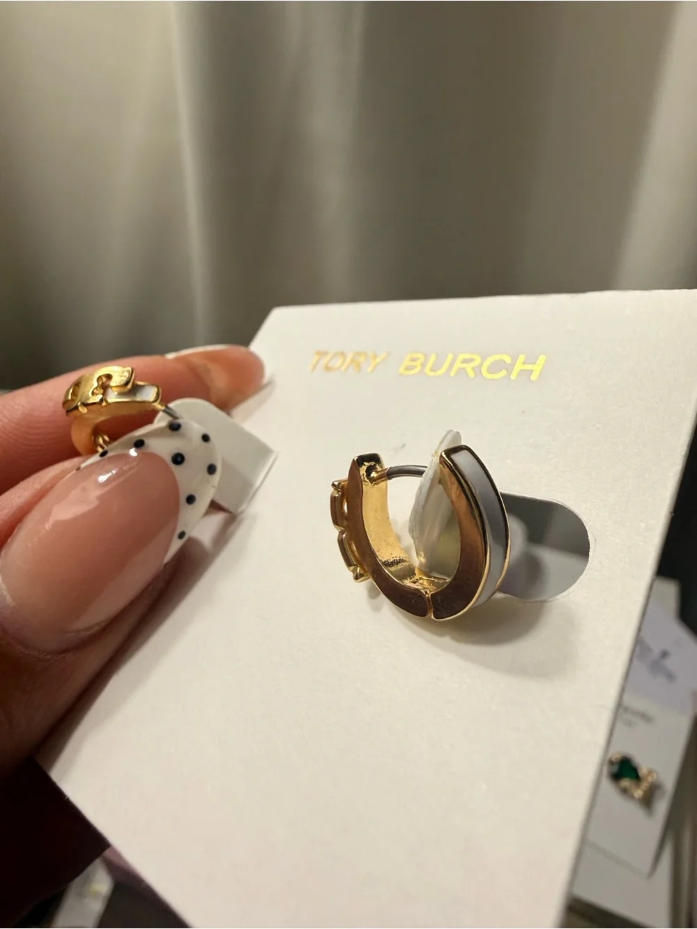 Tory Burch Gold and White Enamel Mini Logo Huggies Earrings